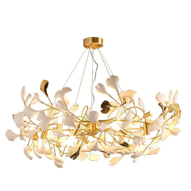 Gingko Porcelain Petal Brass Chandelier, Branch Round Lamp-Sylvia Space