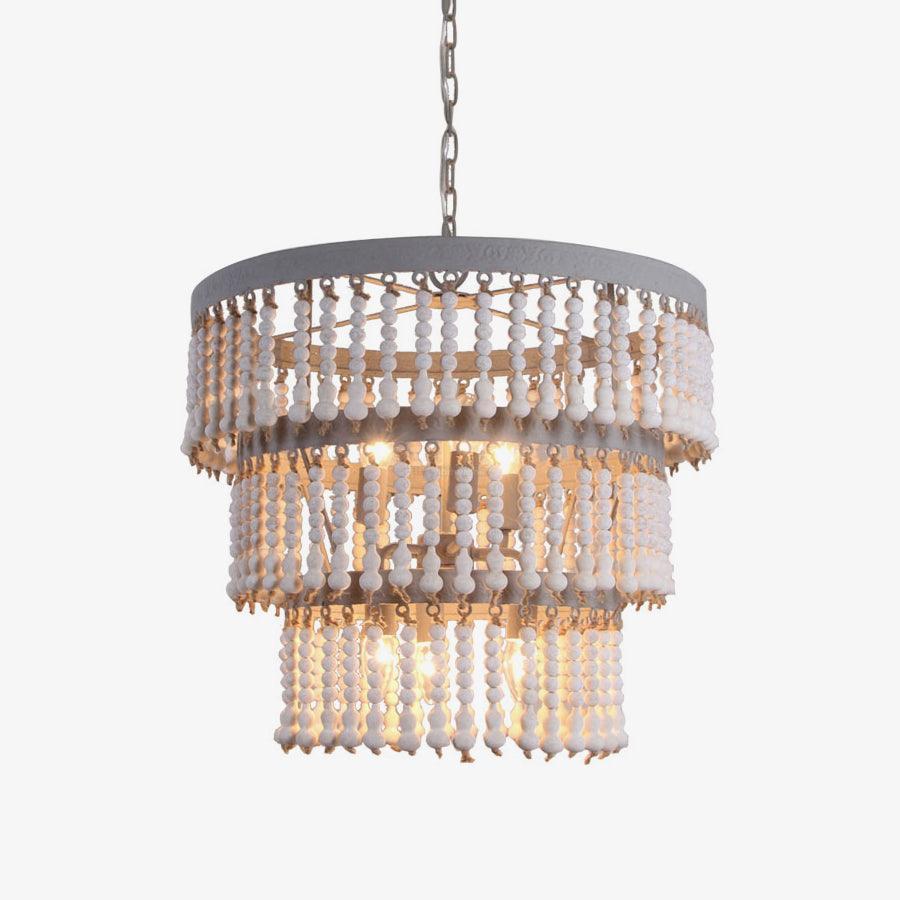 Three Tiered Wood Beaded Chandelier Φ 21.7″-Sylvia Space