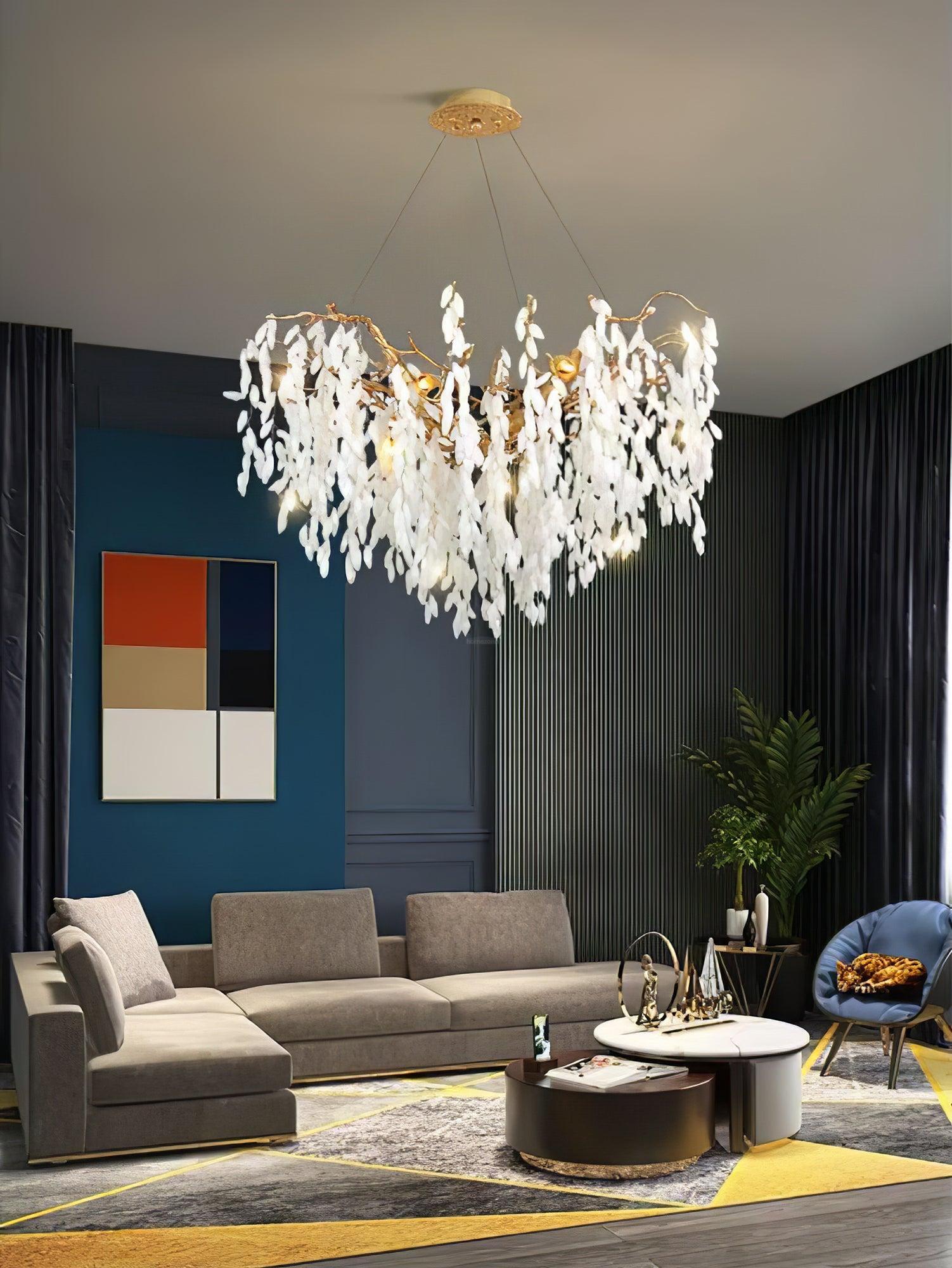 White Jade Branch Brass Round Chandelier-Sylvia Space