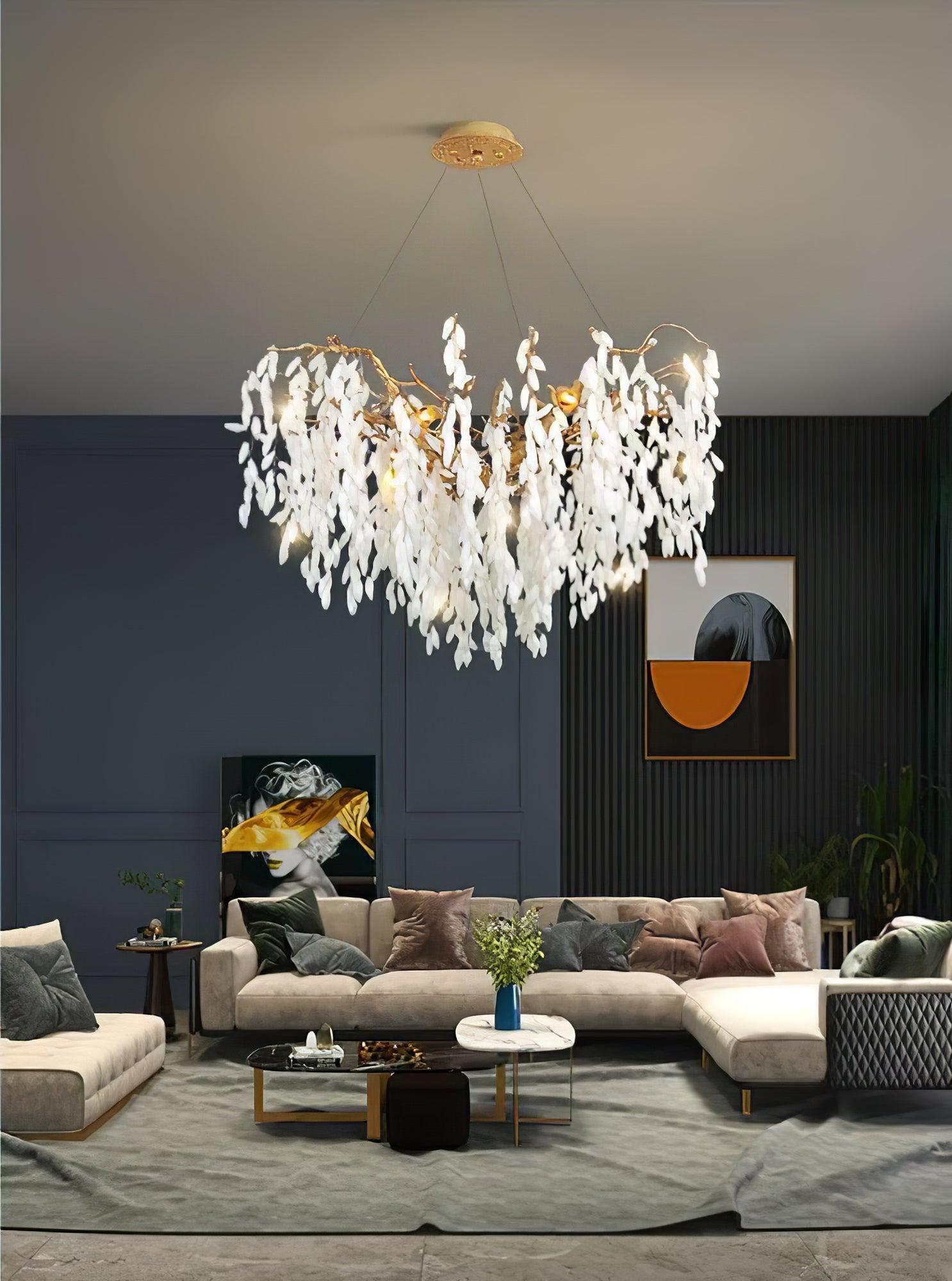 White Jade Branch Brass Round Chandelier-Sylvia Space