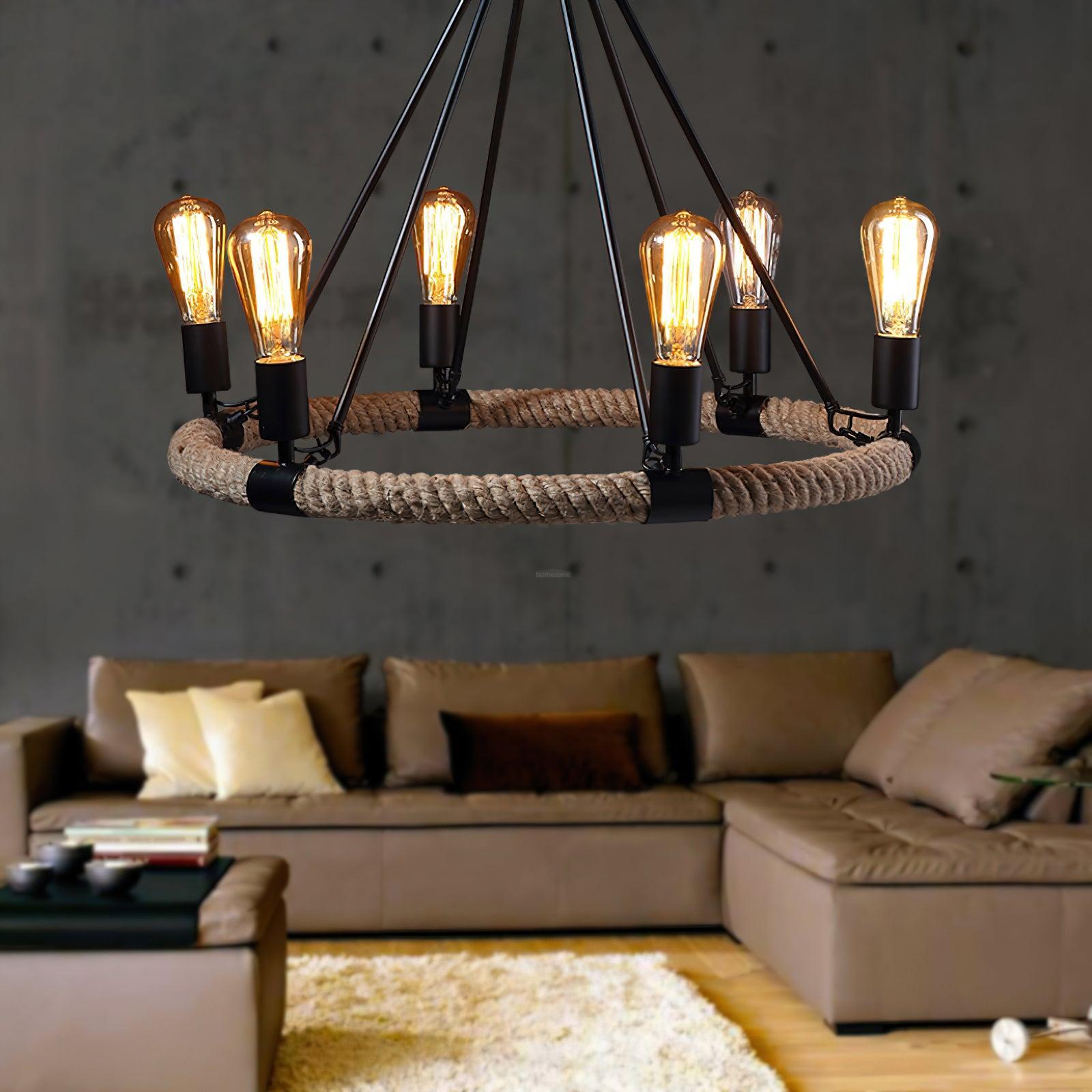 Hemp Rope Industrial Large Circle Chandelier ∅ 23.6″-Sylvia Space