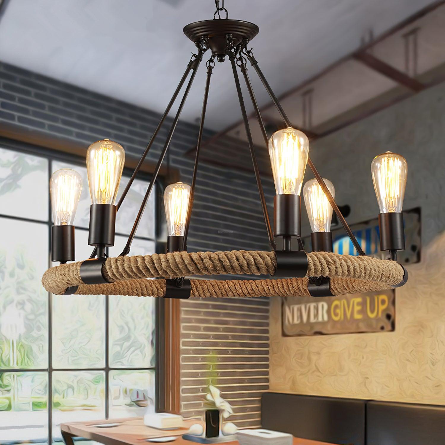 Hemp Rope Industrial Large Circle Chandelier ∅ 23.6″-Sylvia Space