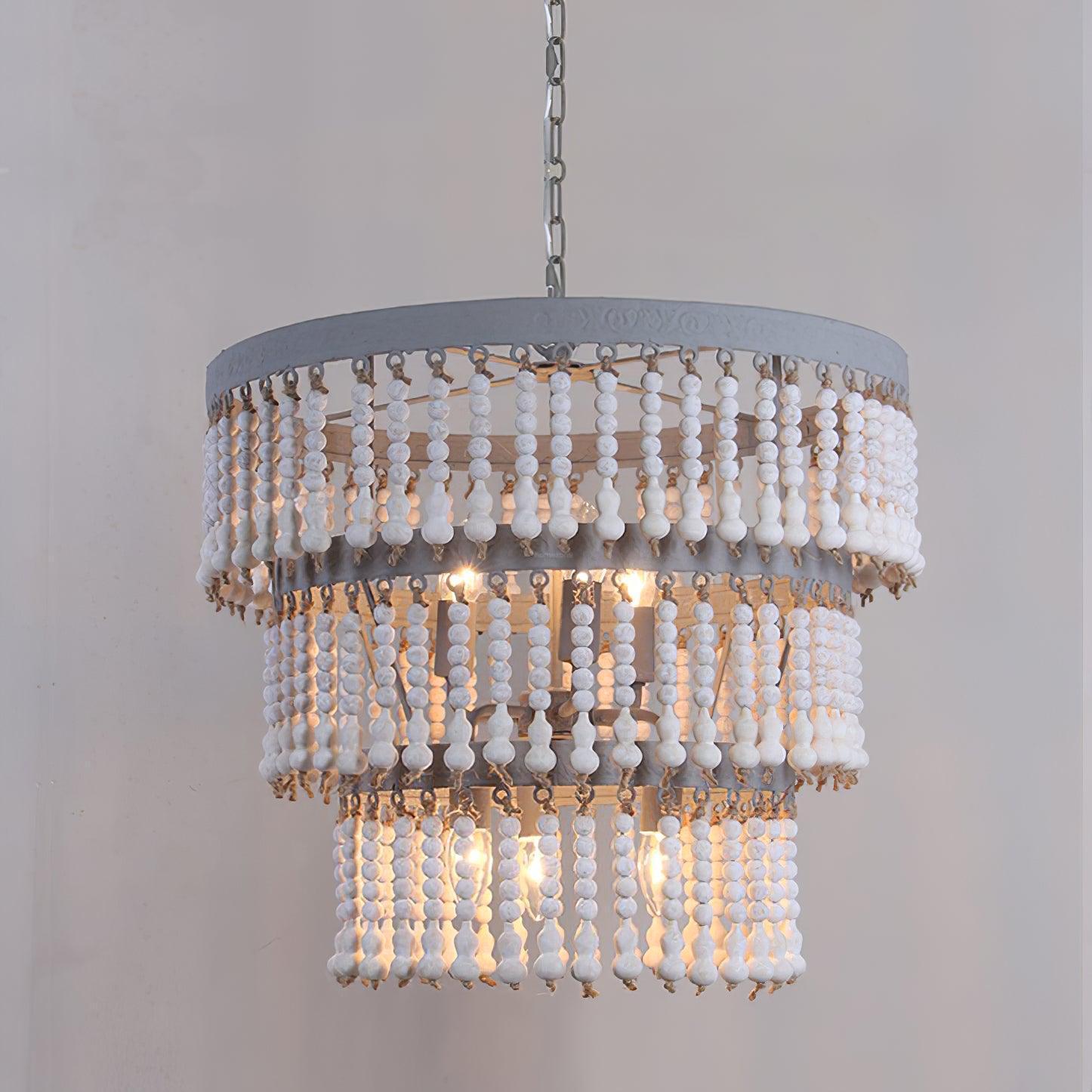 Three Tiered Wood Beaded Chandelier Φ 21.7″-Sylvia Space