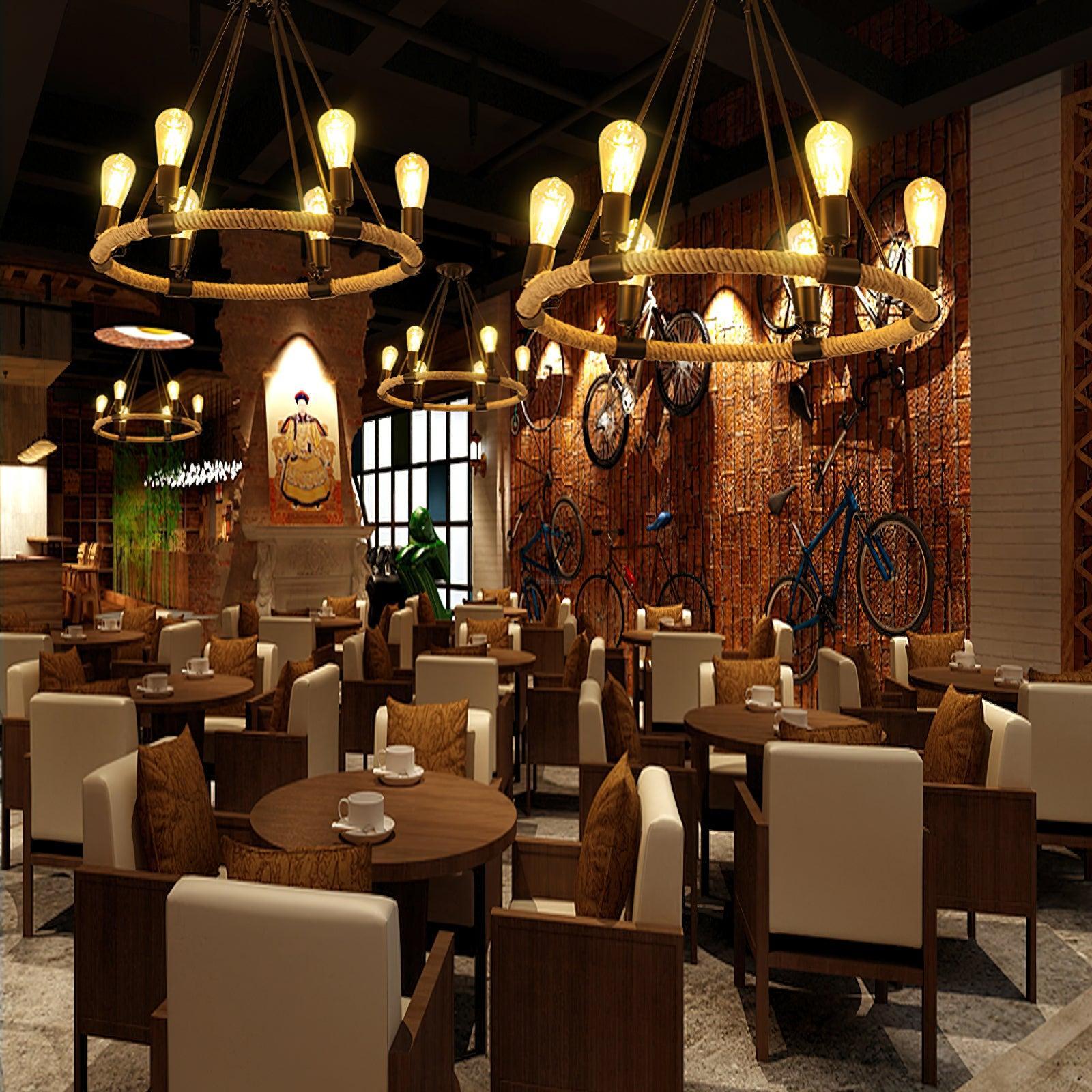 Hemp Rope Industrial Large Circle Chandelier ∅ 23.6″-Sylvia Space