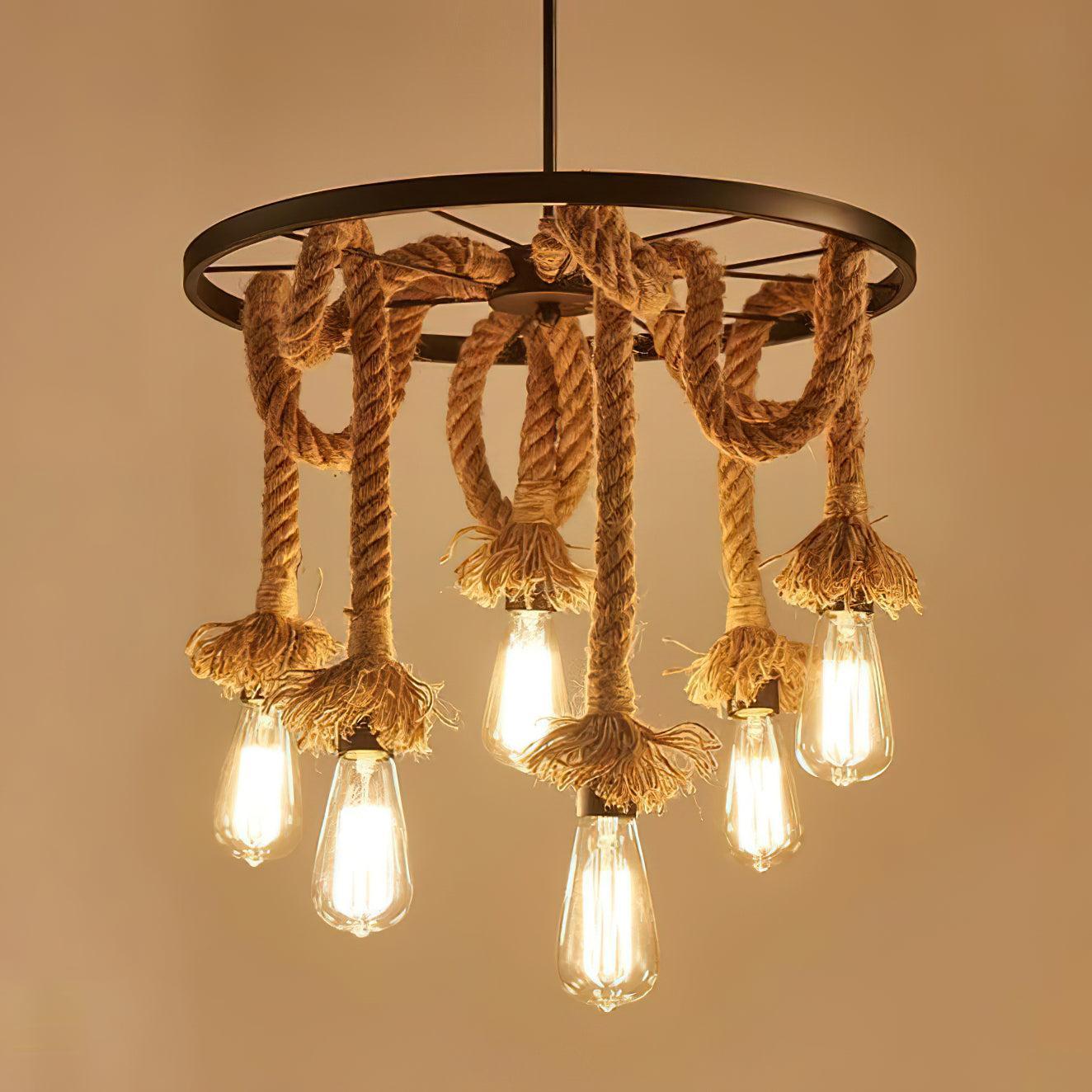 Hemp Rope Industrial Six Head Chandelier ∅ 19.7″-Sylvia Space