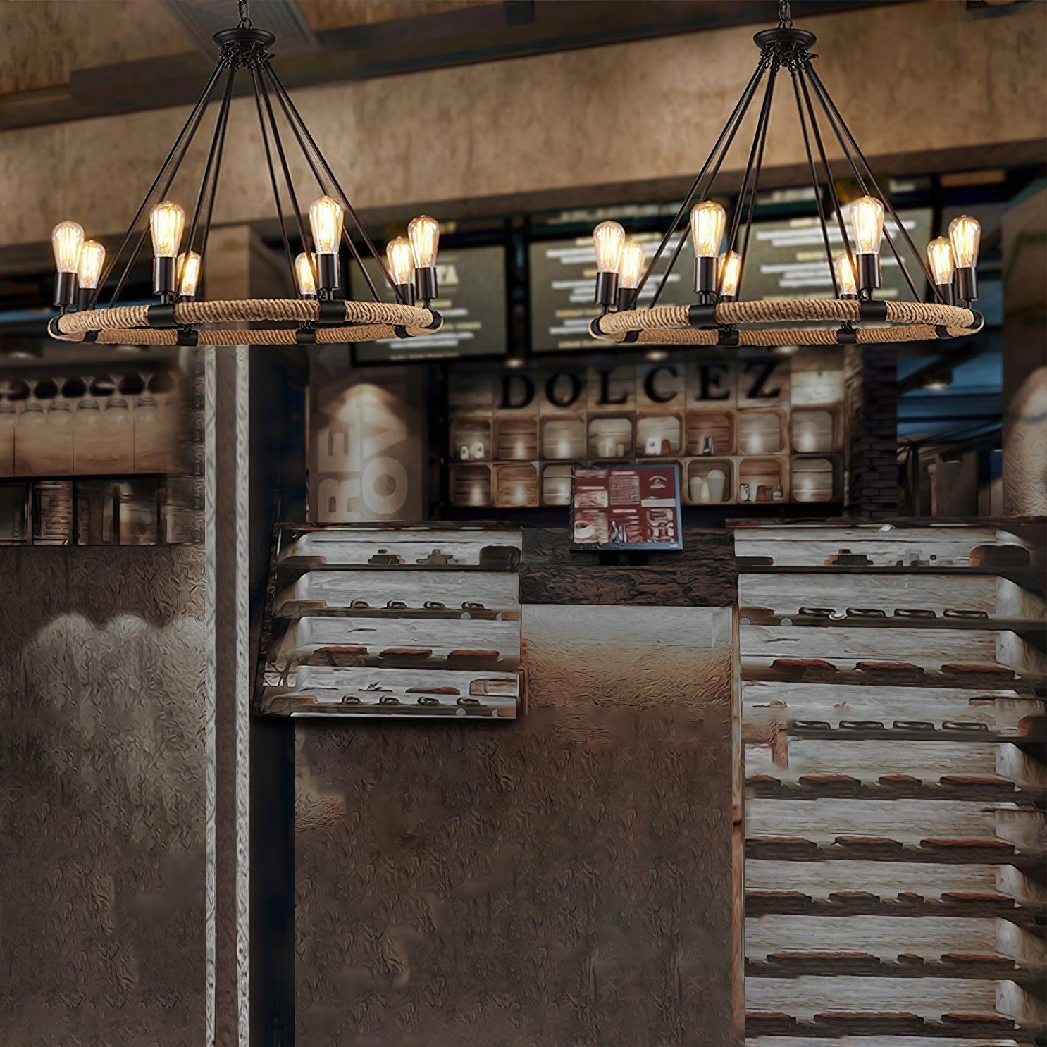 Hemp Rope Industrial Large Circle Chandelier ∅ 23.6″-Sylvia Space