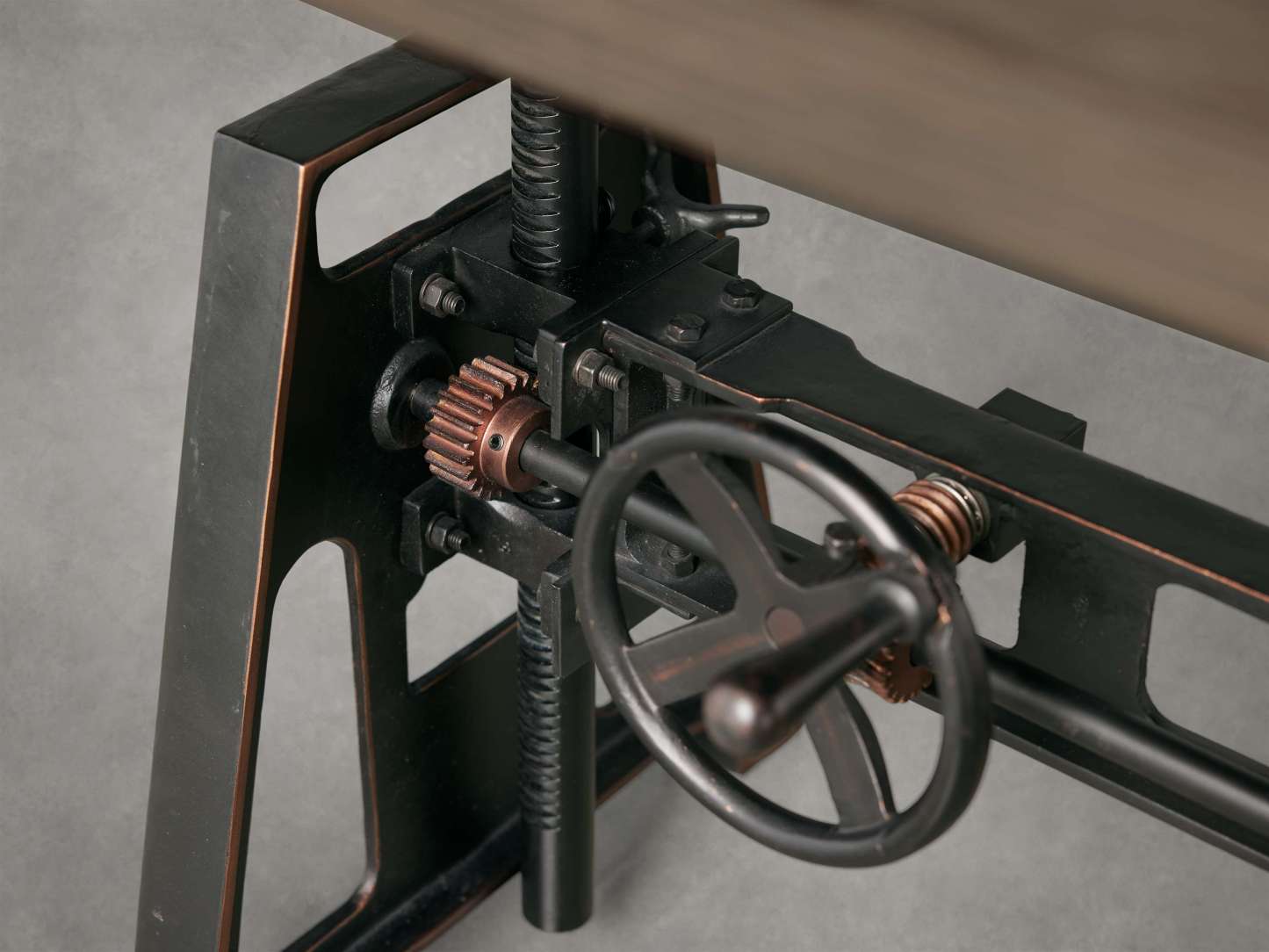Industrial Crank Desk with Wynn Top and Black Rubbed Copper Base