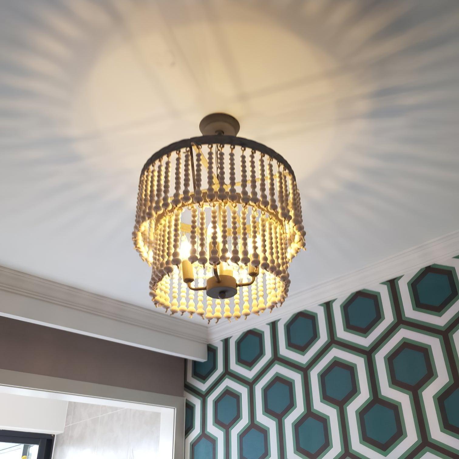 Three Tiered Wood Beaded Chandelier Φ 21.7″-Sylvia Space