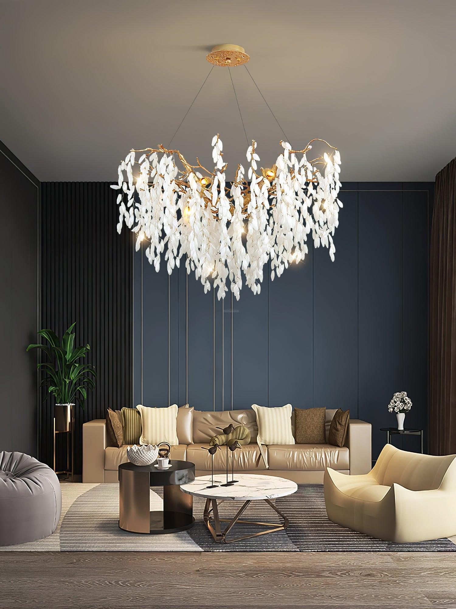 White Jade Branch Brass Round Chandelier-Sylvia Space