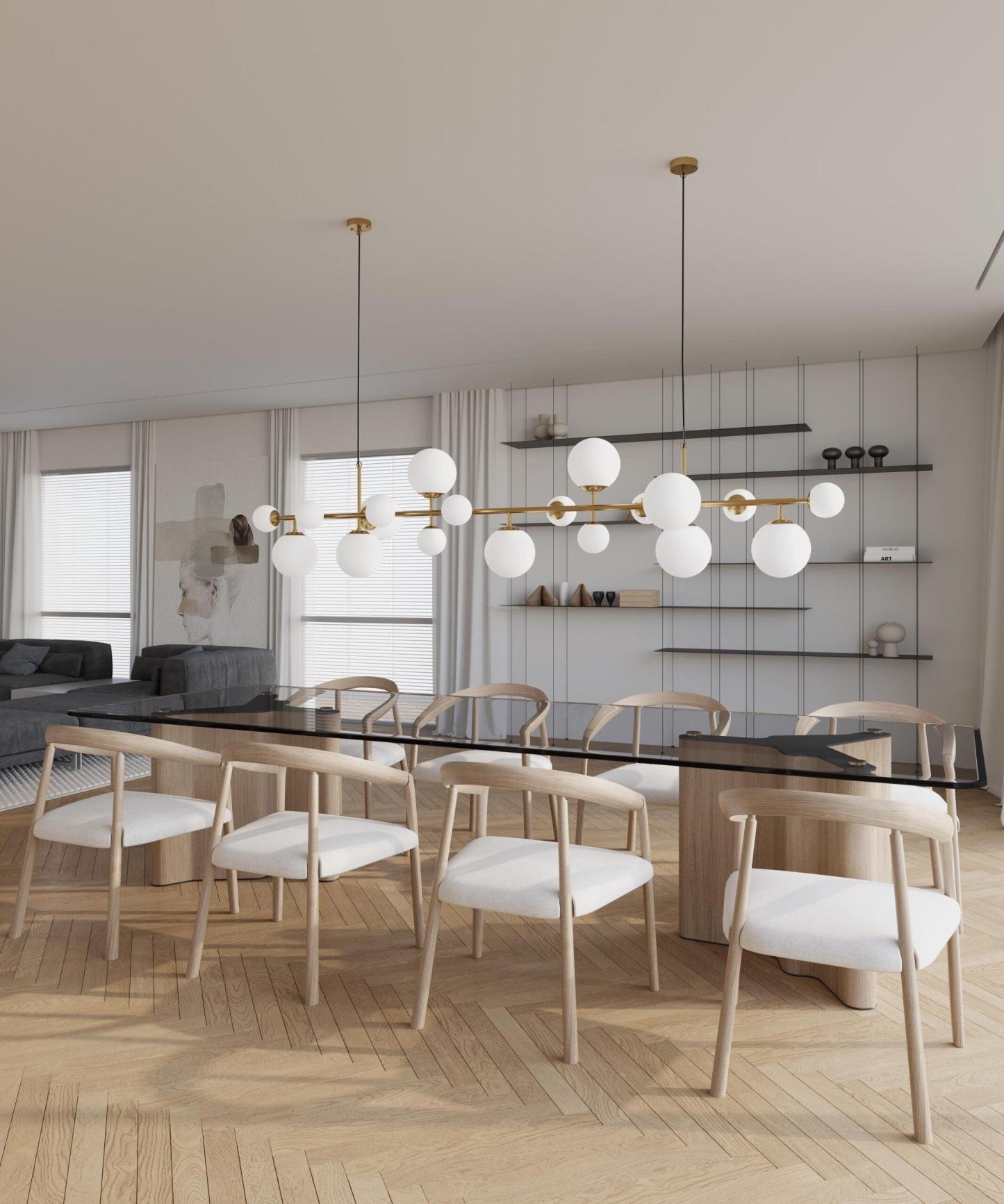 Brass Glass Globe Linear Chandelier-Sylvia Space