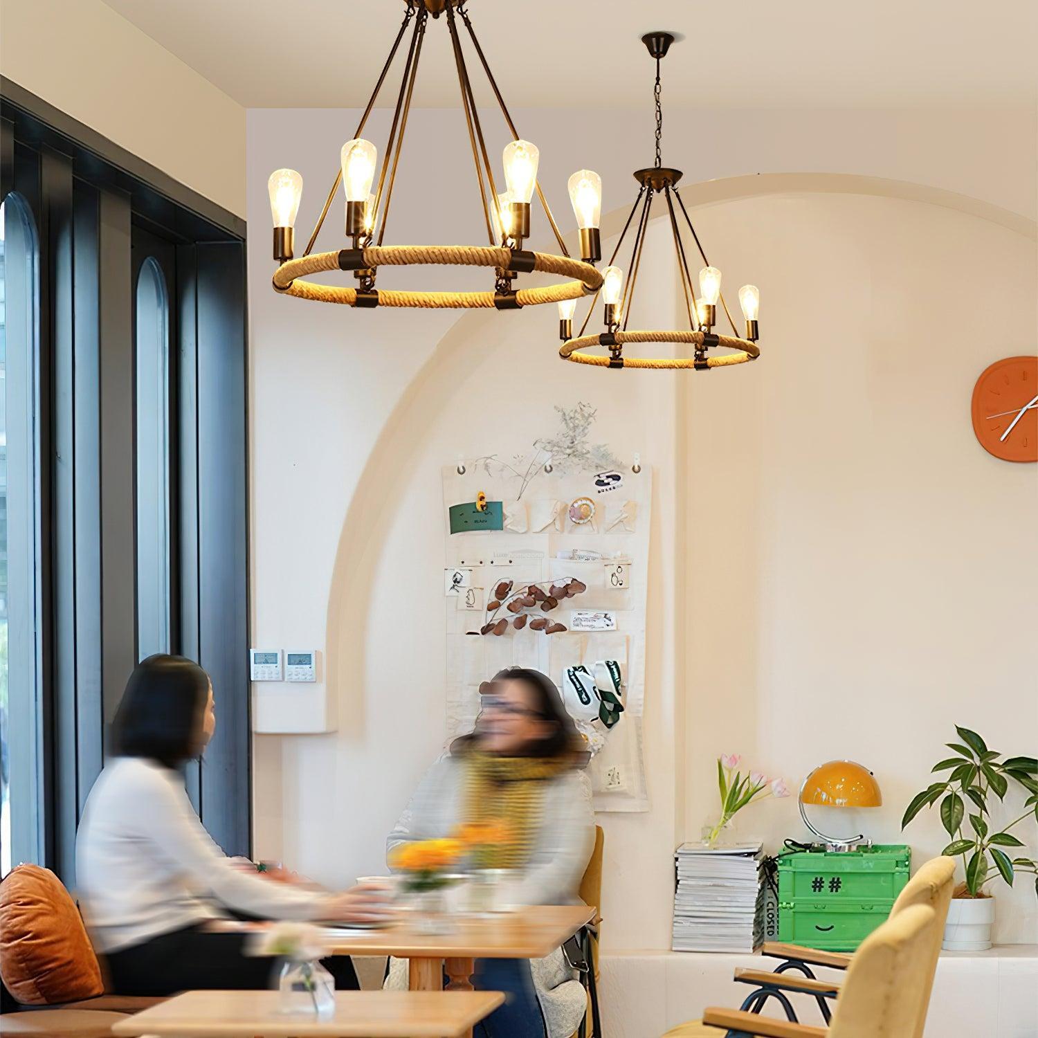 Hemp Rope Industrial Large Circle Chandelier ∅ 23.6″-Sylvia Space