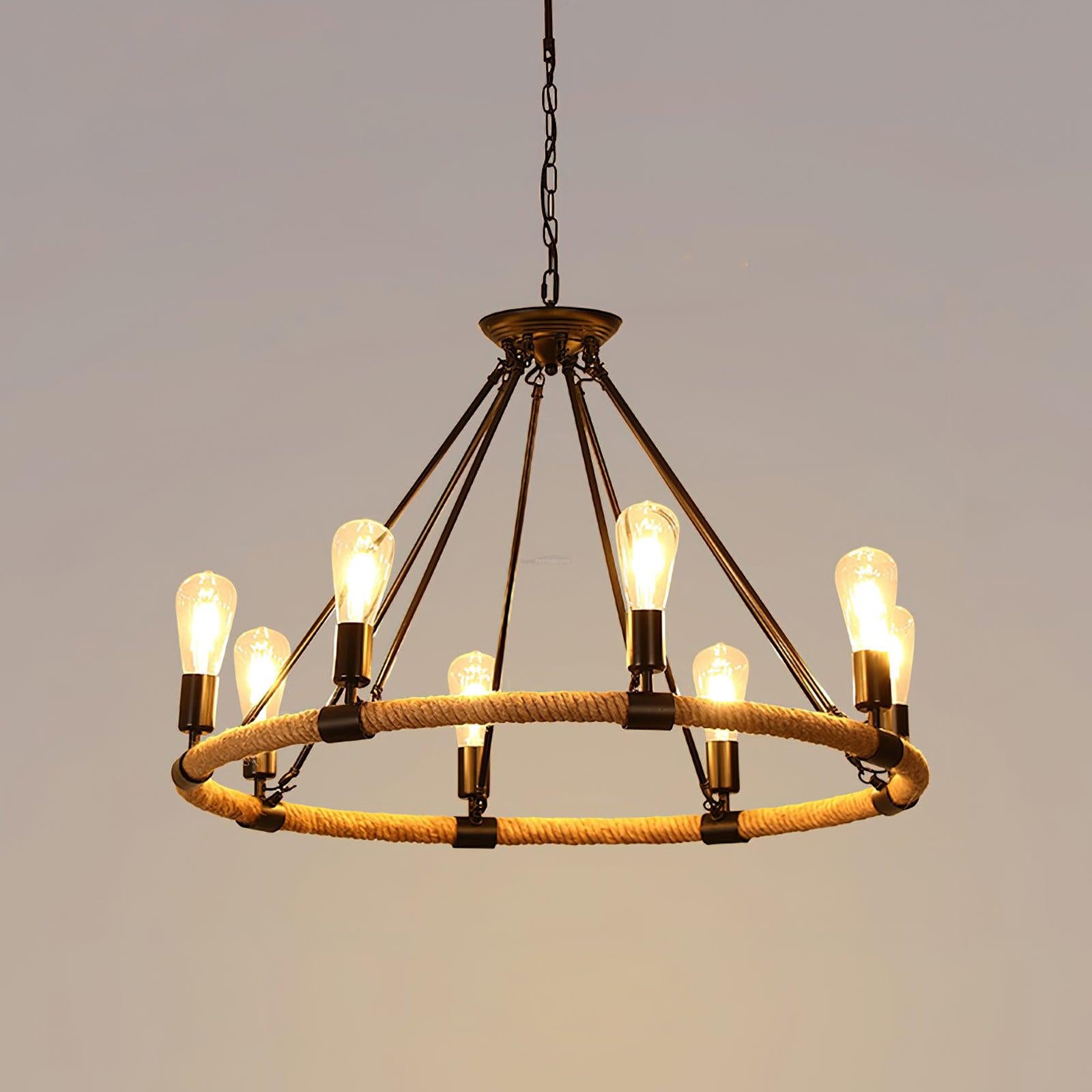 Hemp Rope Industrial Large Circle Chandelier ∅ 23.6″-Sylvia Space