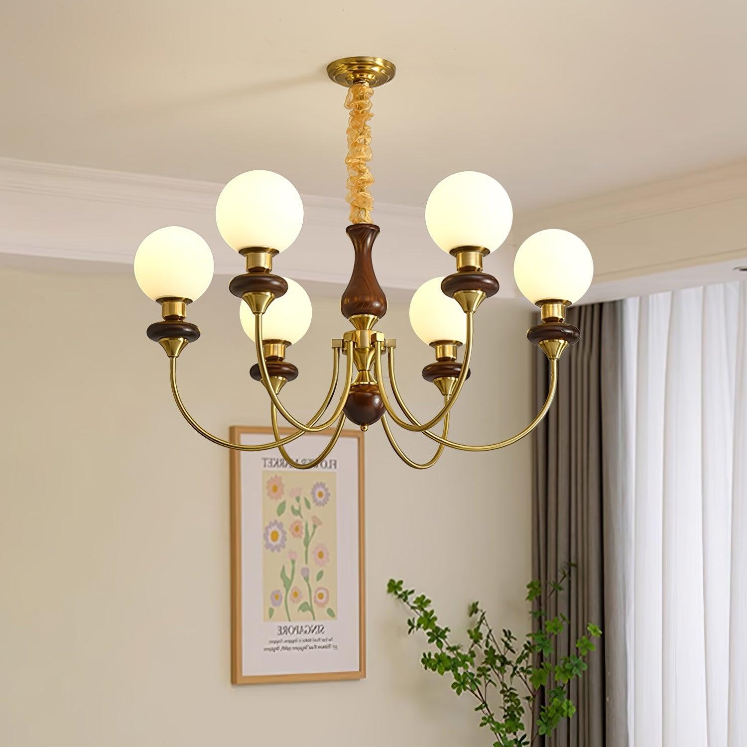 Walnut Brass Chandelier with 3/6/8 lamps-Sylvia Space