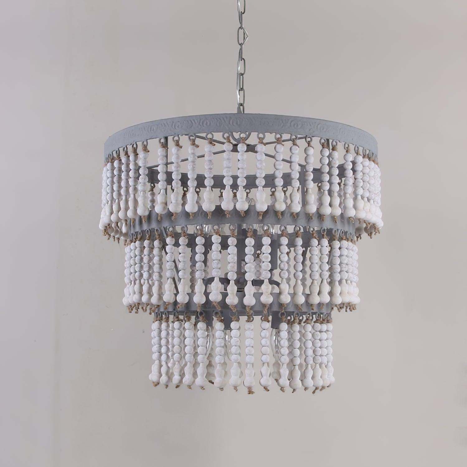 Three Tiered Wood Beaded Chandelier Φ 21.7″-Sylvia Space