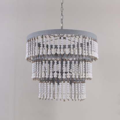 Three Tiered Wood Beaded Chandelier Φ 21.7″-Sylvia Space