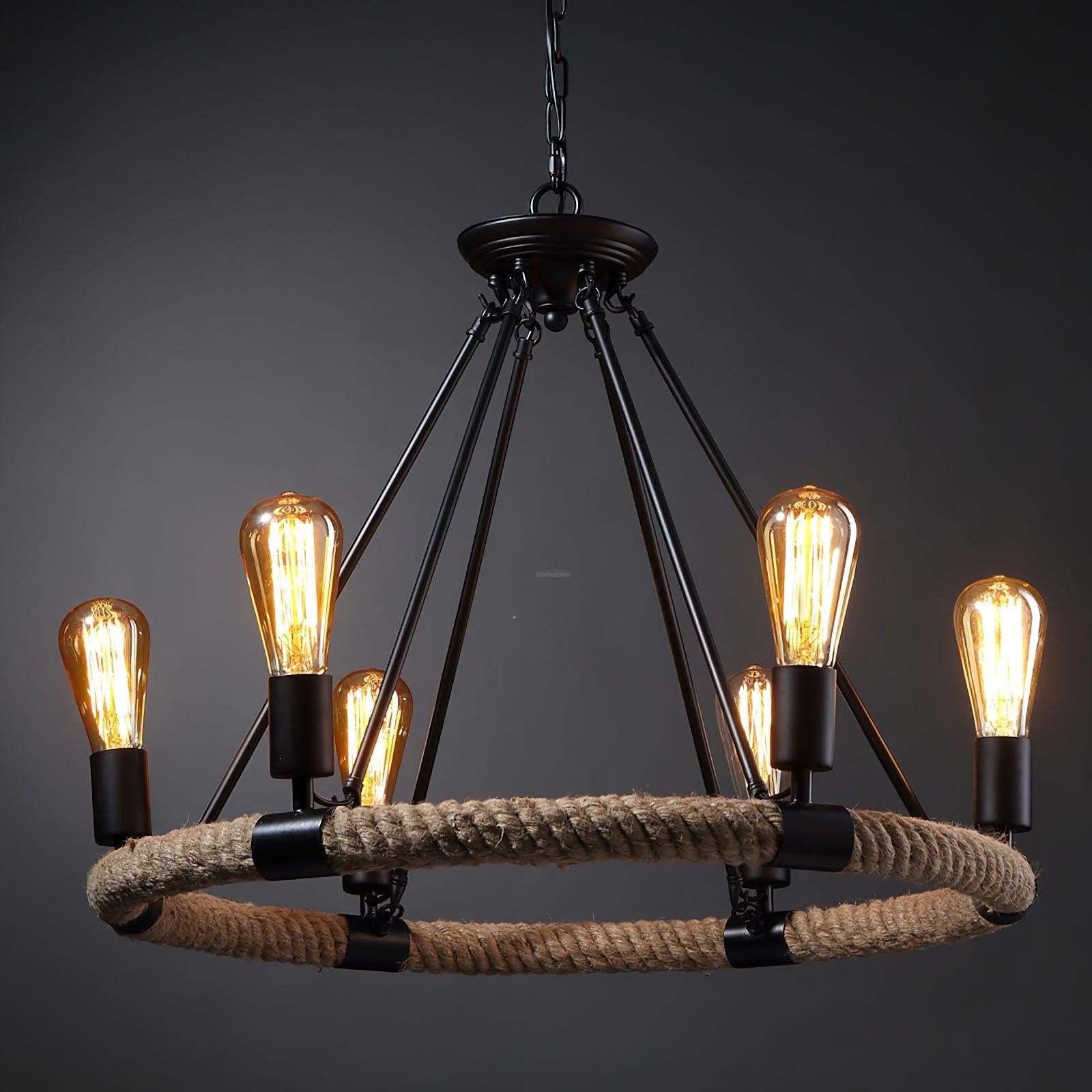 Hemp Rope Industrial Large Circle Chandelier ∅ 23.6″-Sylvia Space