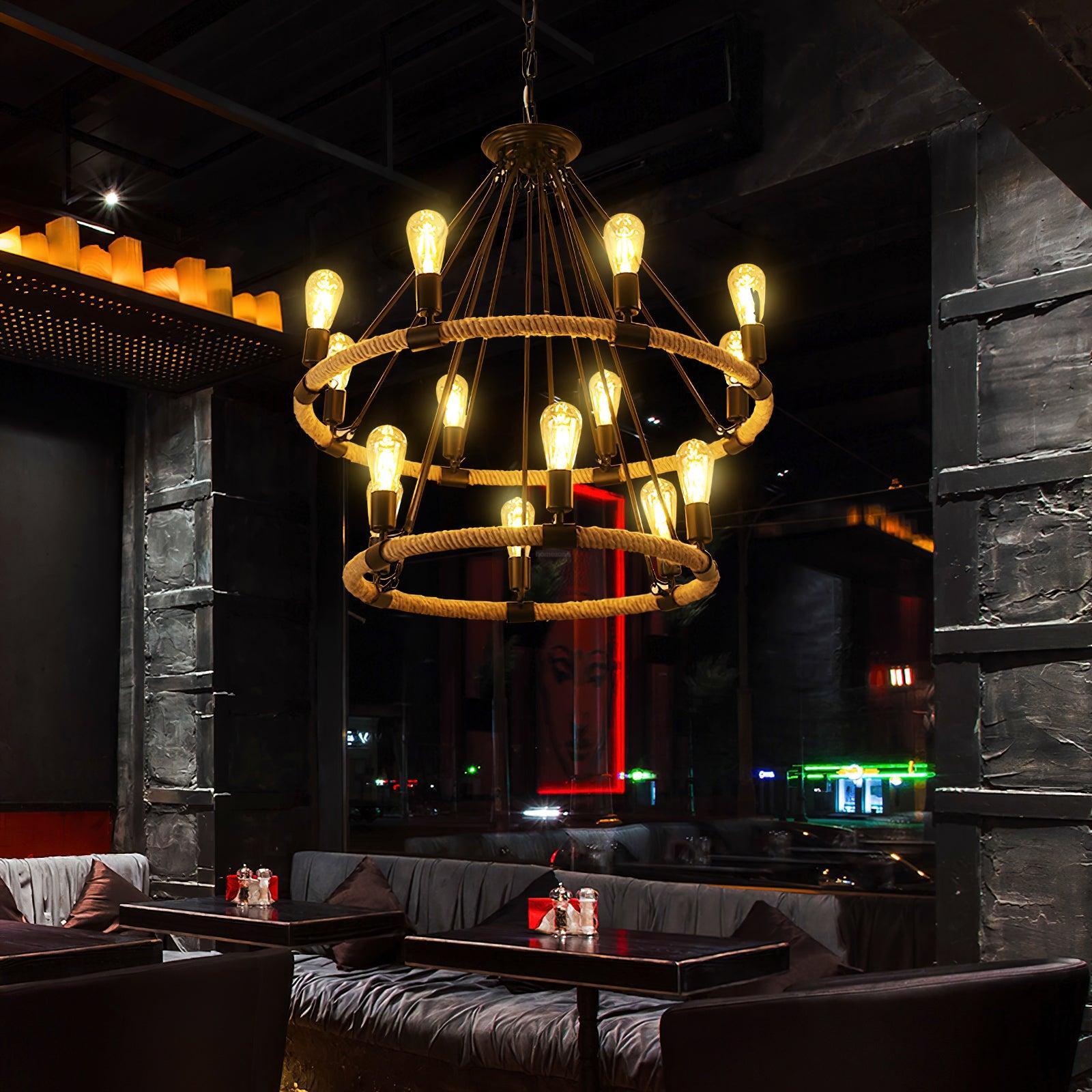 Hemp Rope Industrial Large Circle Chandelier ∅ 23.6″-Sylvia Space