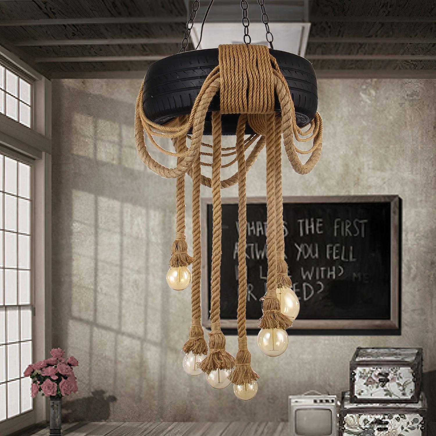 Hemp Rope Industrial Tire Chandelier ∅ 23.6″-Sylvia Space