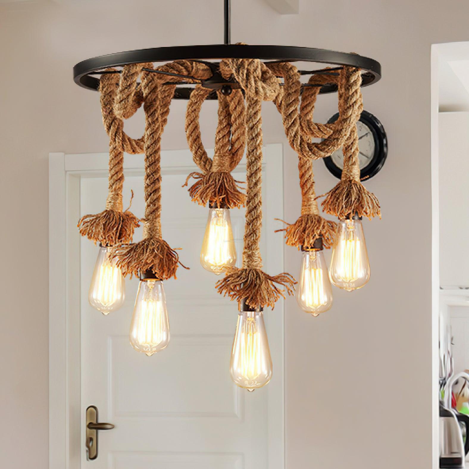 Hemp Rope Industrial Six Head Chandelier ∅ 19.7″-Sylvia Space