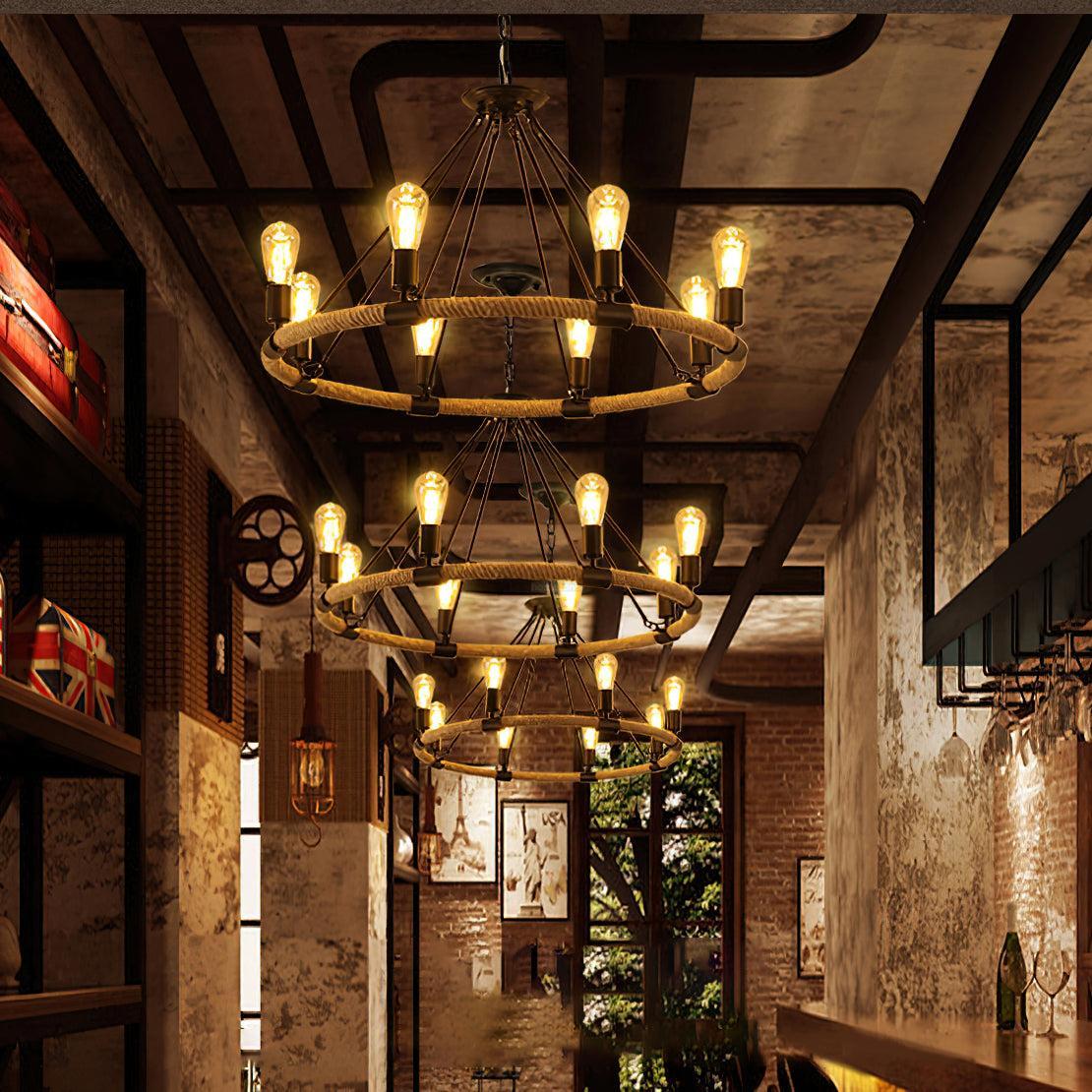 Hemp Rope Industrial Large Circle Chandelier ∅ 23.6″-Sylvia Space