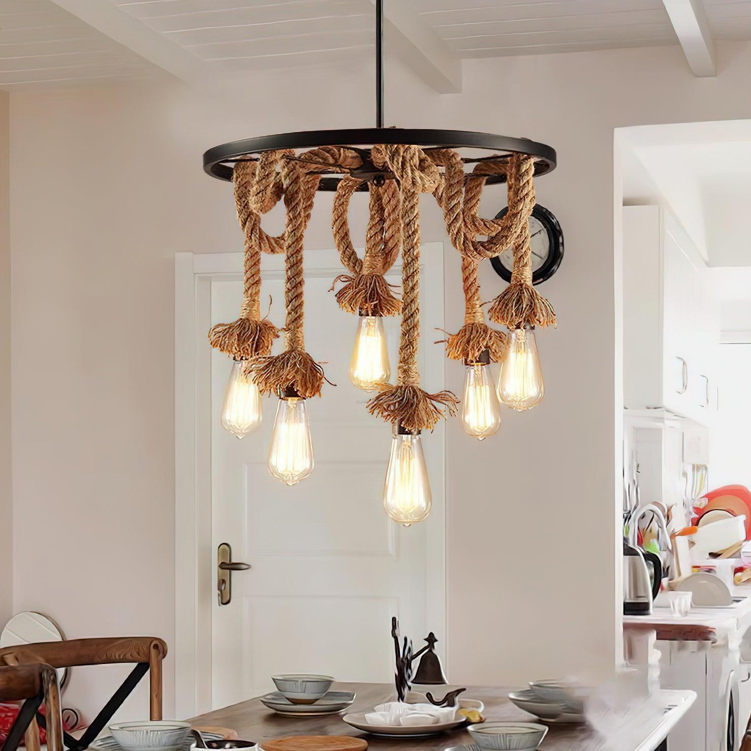 Hemp Rope Industrial Six Head Chandelier ∅ 19.7″-Sylvia Space