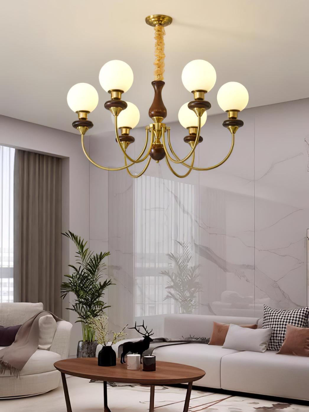 Walnut Brass Chandelier with 3/6/8 lamps-Sylvia Space