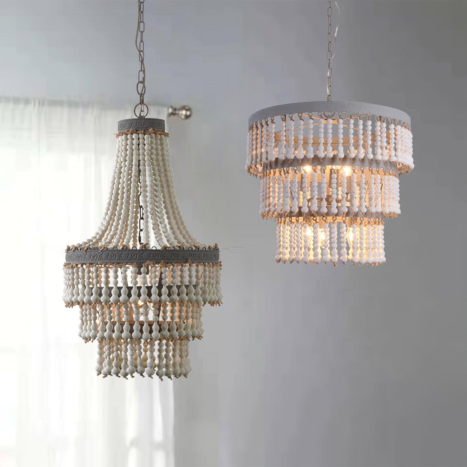 Three Tiered Wood Beaded Chandelier Φ 21.7″-Sylvia Space