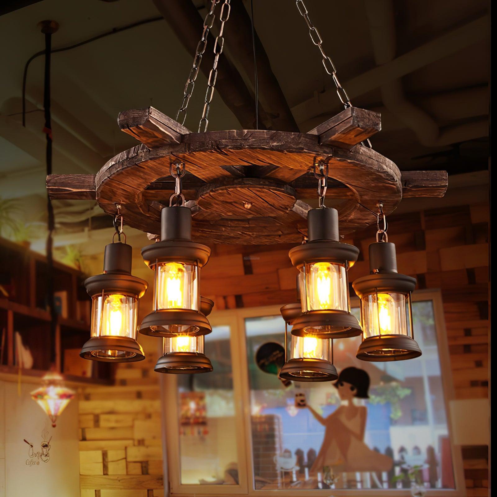 Nautical Industrial Style Wooden Chandelier with 1/3/6/8 heads-Sylvia Space