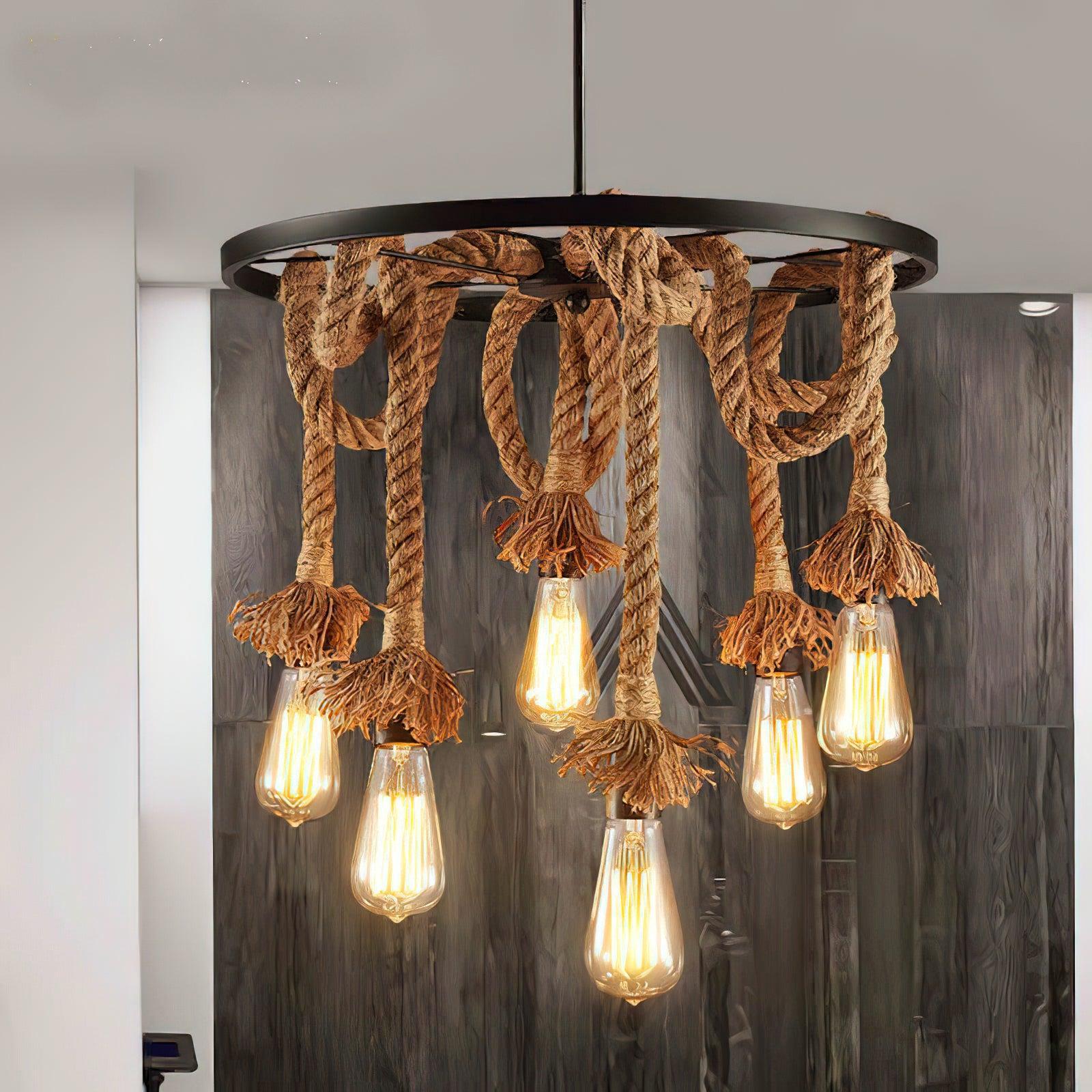 Hemp Rope Industrial Six Head Chandelier ∅ 19.7″-Sylvia Space
