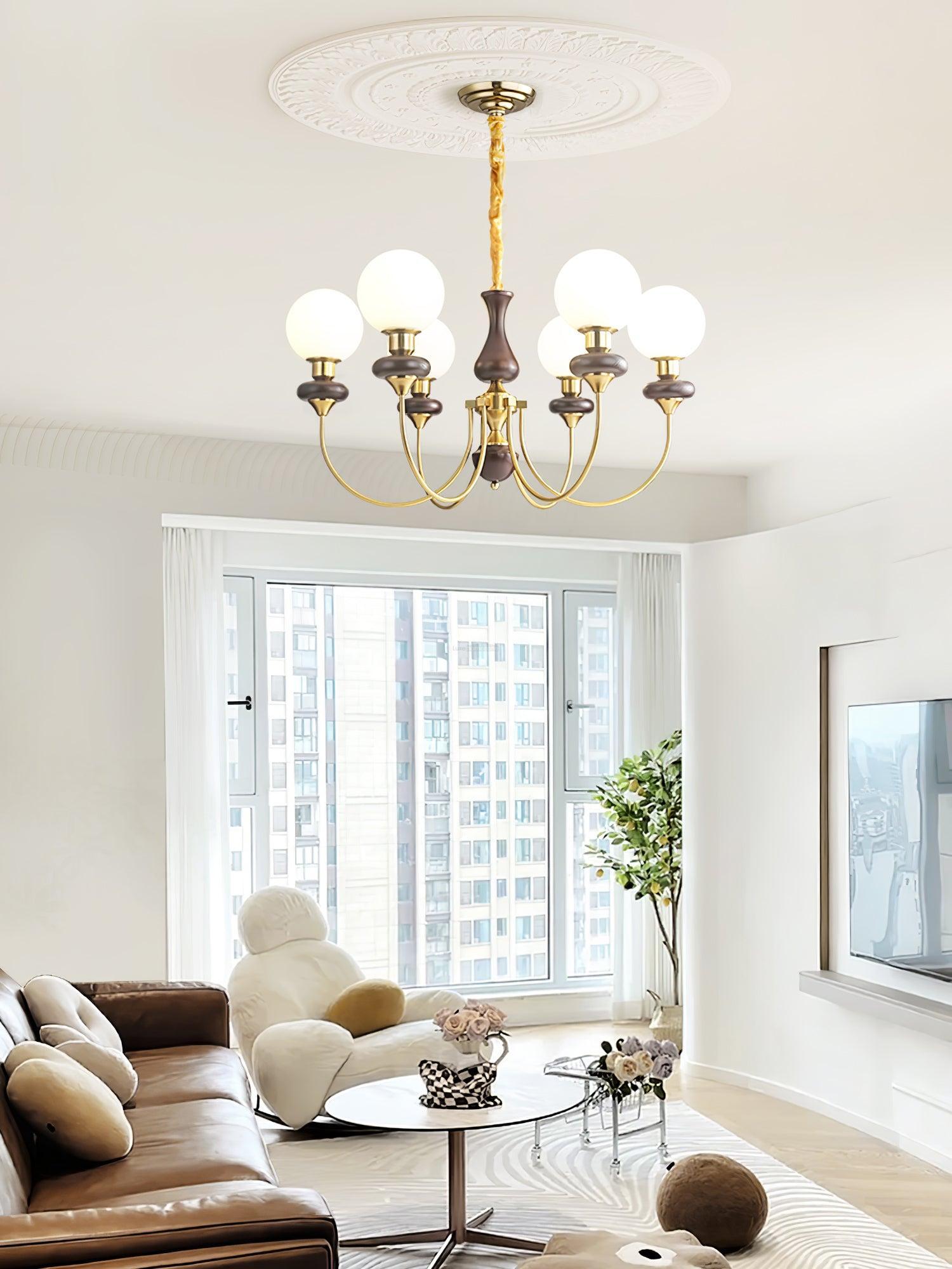 Walnut Brass Chandelier with 3/6/8 lamps-Sylvia Space