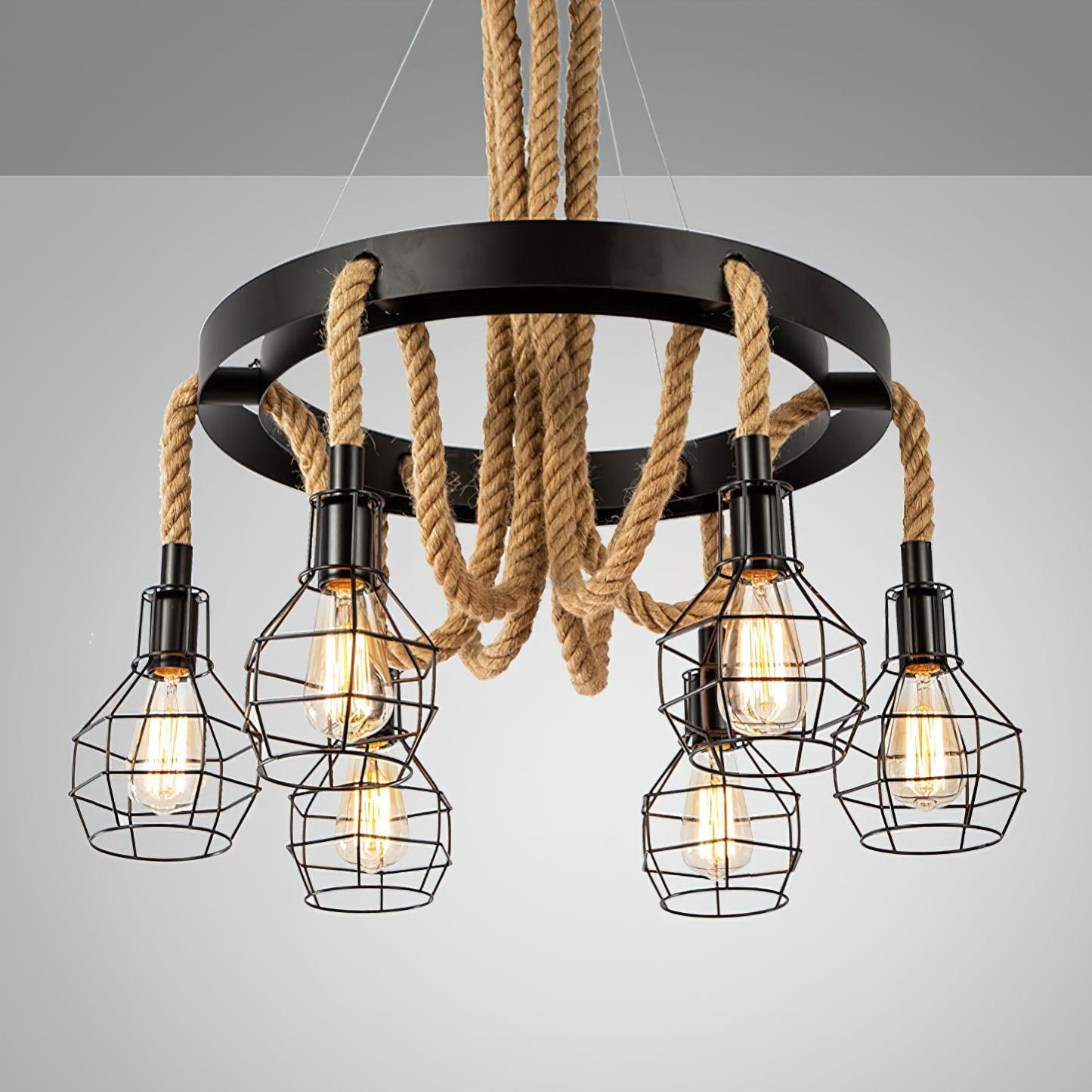 Hemp Rope Industrial Starfall Chandelier with 4/6/8 heads-Sylvia Space