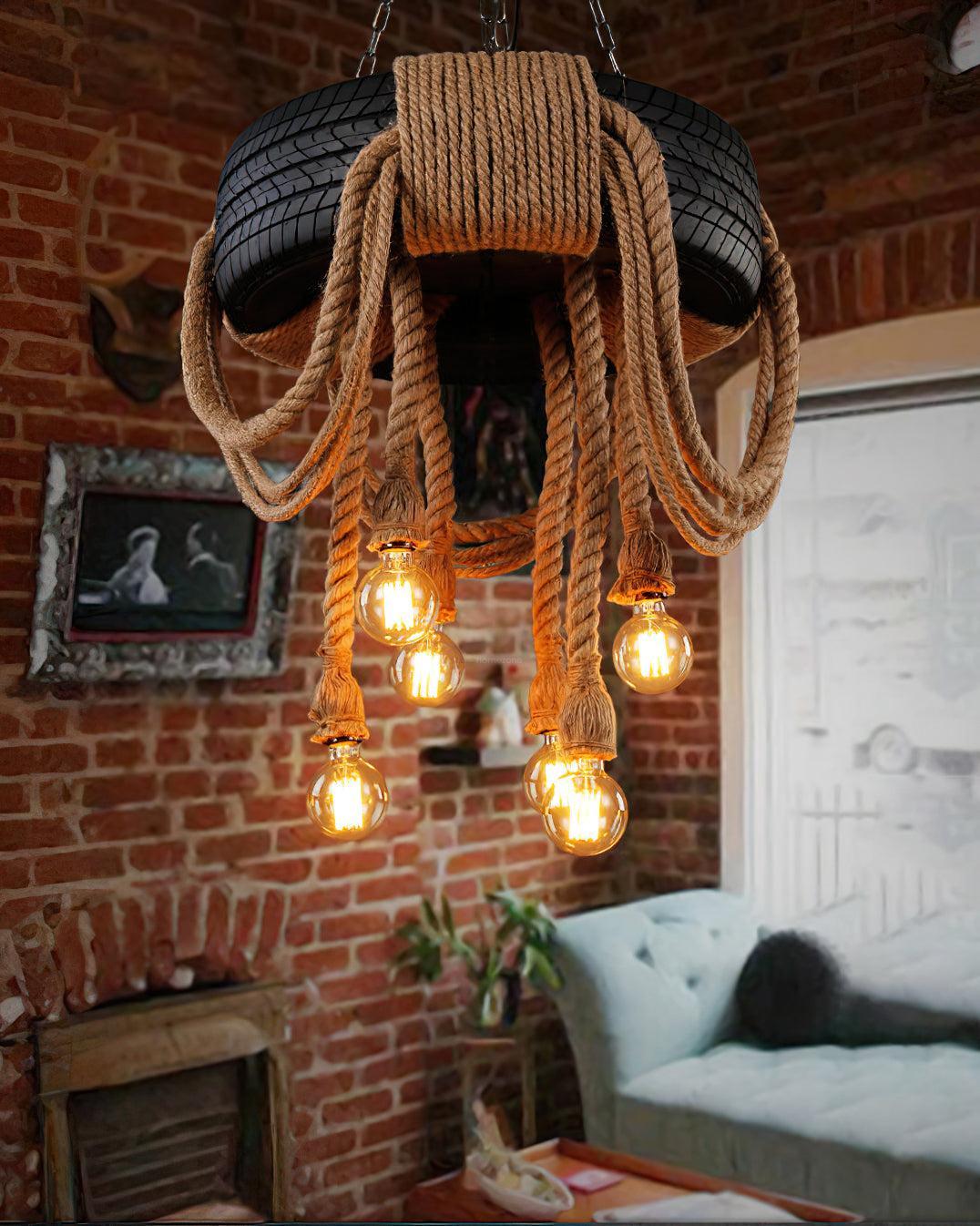 Hemp Rope Industrial Tire Chandelier ∅ 23.6″-Sylvia Space