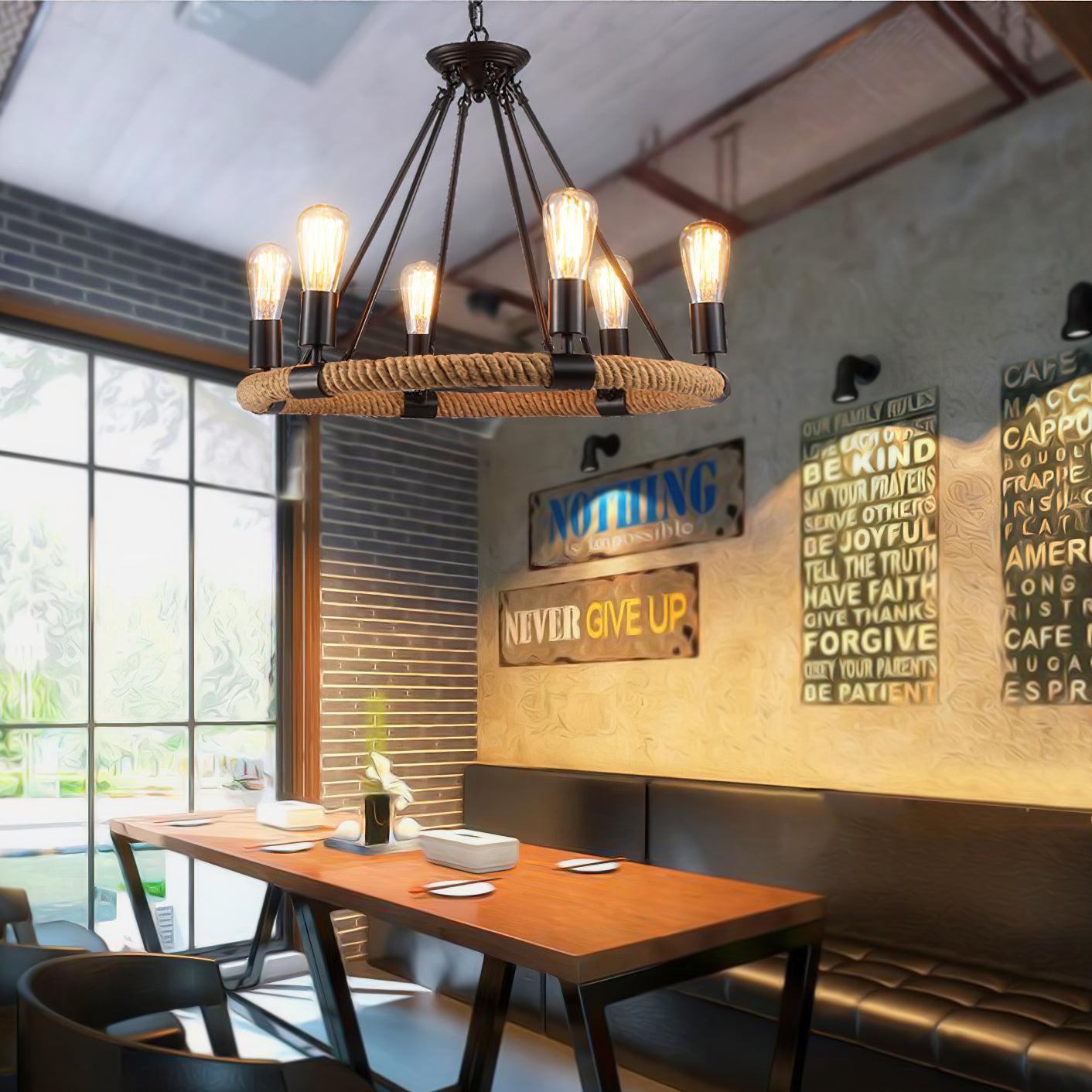 Hemp Rope Industrial Large Circle Chandelier ∅ 23.6″-Sylvia Space