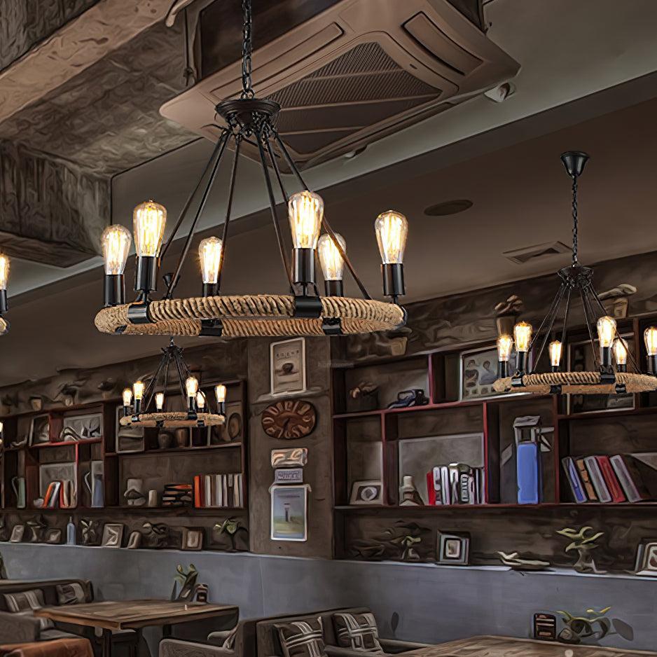Hemp Rope Industrial Large Circle Chandelier ∅ 23.6″-Sylvia Space