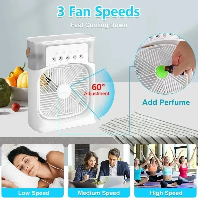 Air Cooler Fan Humidifier Portable 3 in 1 Ice Cube Water Mist Fan Humidifier With 7 Color Light
