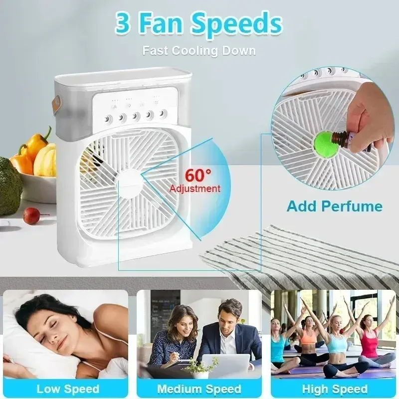 Air Cooler Fan Humidifier Portable 3 in 1 Ice Cube Water Mist Fan Humidifier With 7 Color Light