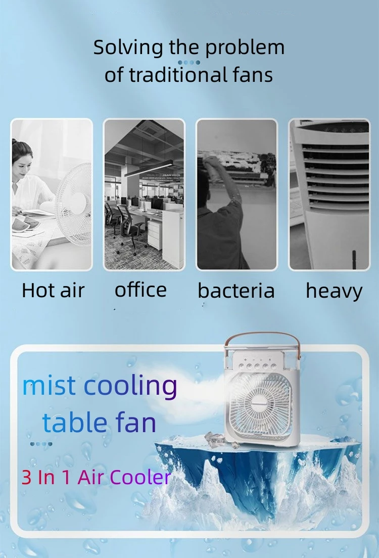 Yipin 2024 New Arrivals 3 In 1 Air Cooler Mini Fan Water Air Cooler table mist fan Humidifier With 7-Color Light Portable fan