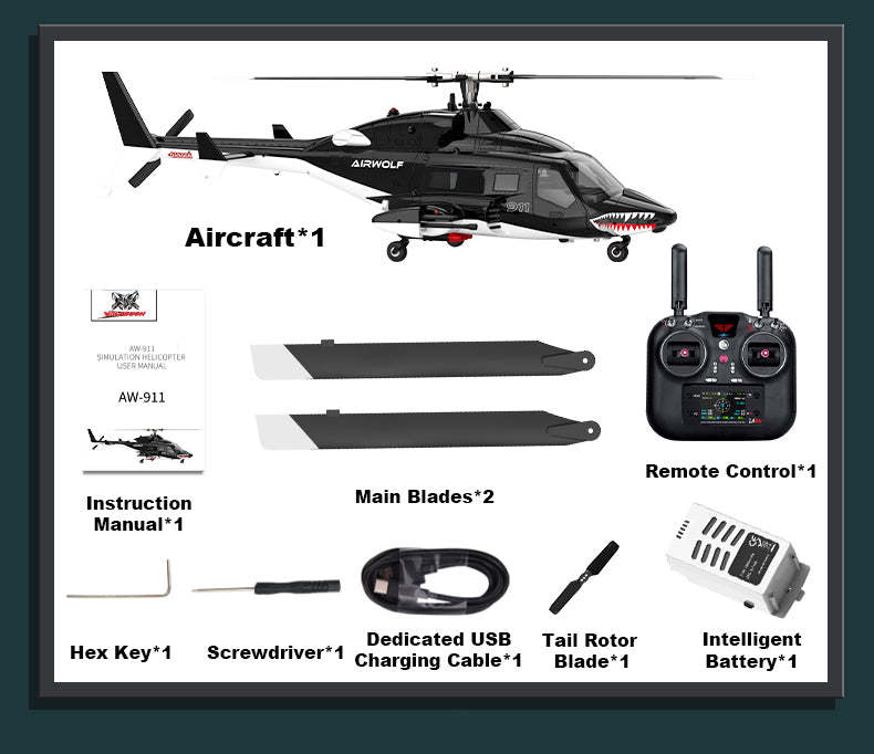 WOLFBUSH AW-911 Airwolf 1/34 Scale RC Helicopter Smart GPS 2.4G 9CH 6G/3D Stunt RC Airplane