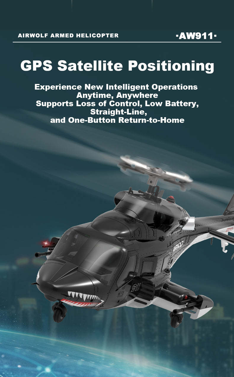 WOLFBUSH AW-911 Airwolf 1/34 Scale RC Helicopter Smart GPS 2.4G 9CH 6G/3D Stunt RC Airplane