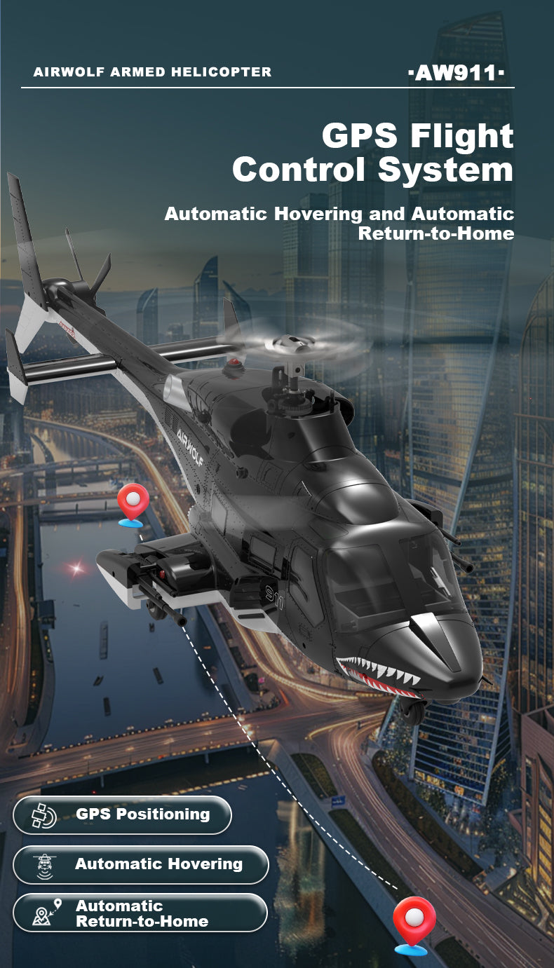 WOLFBUSH AW-911 Airwolf 1/34 Scale RC Helicopter Smart GPS 2.4G 9CH 6G/3D Stunt RC Airplane