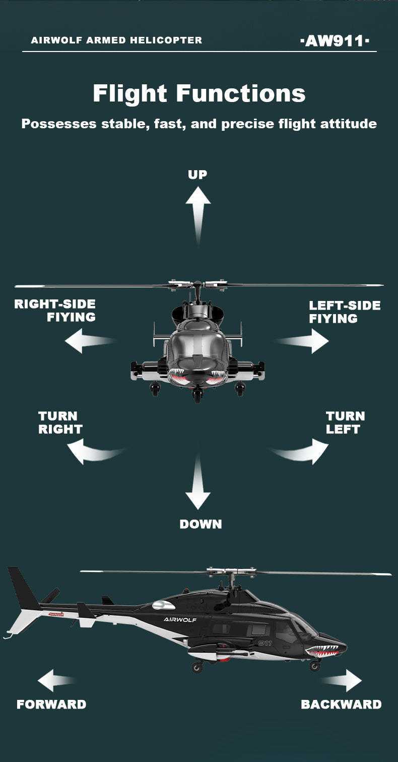 WOLFBUSH AW-911 Airwolf 1/34 Scale RC Helicopter Smart GPS 2.4G 9CH 6G/3D Stunt RC Airplane