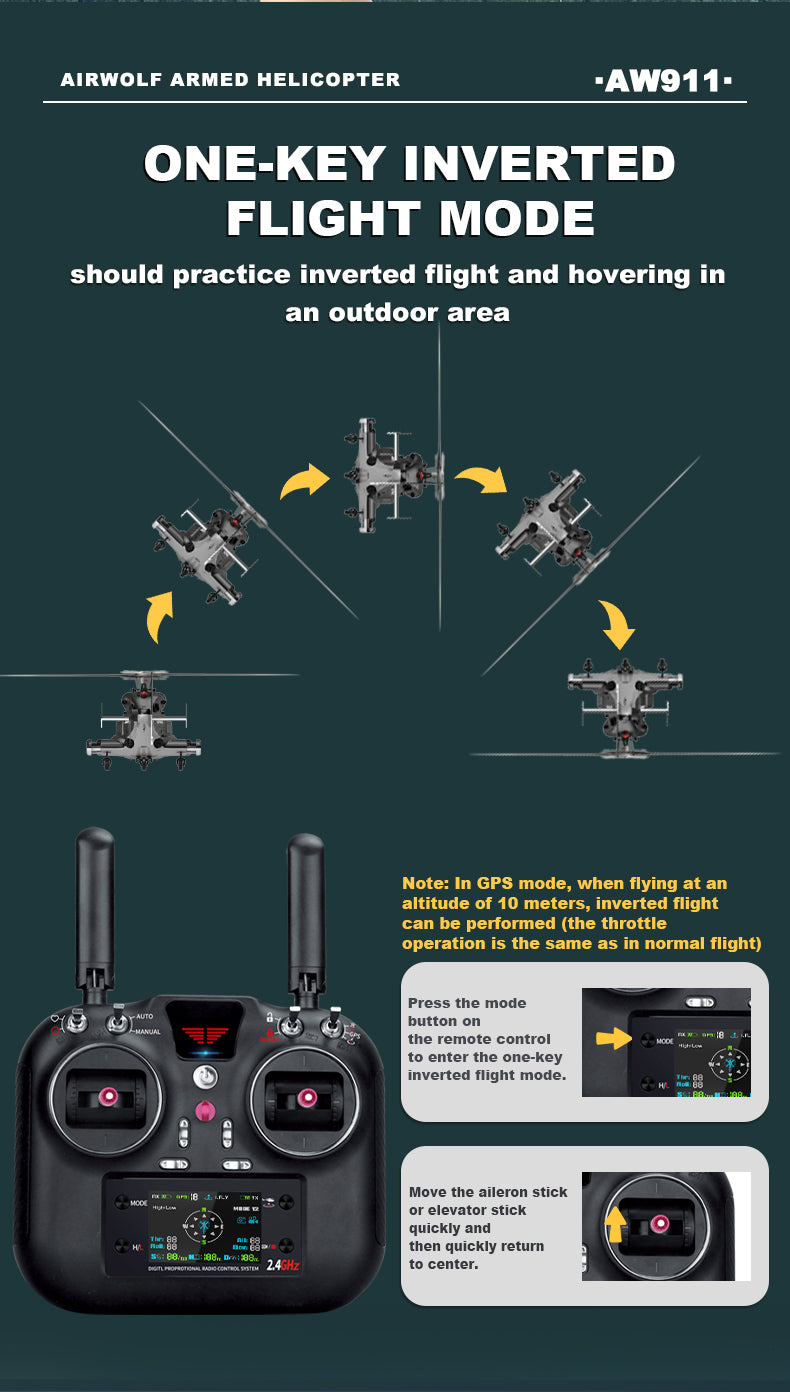 WOLFBUSH AW-911 Airwolf 1/34 Scale RC Helicopter Smart GPS 2.4G 9CH 6G/3D Stunt RC Airplane