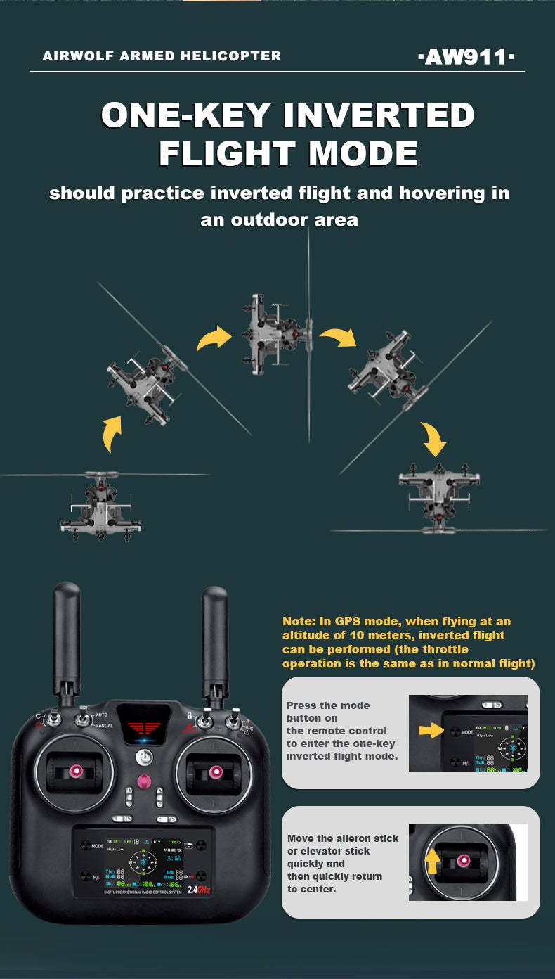 WOLFBUSH AW-911 Airwolf 1/34 Scale RC Helicopter Smart GPS 2.4G 9CH 6G/3D Stunt RC Airplane