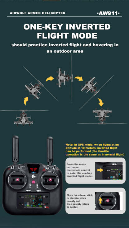 WOLFBUSH AW-911 Airwolf 1/34 Scale RC Helicopter Smart GPS 2.4G 9CH 6G/3D Stunt RC Airplane