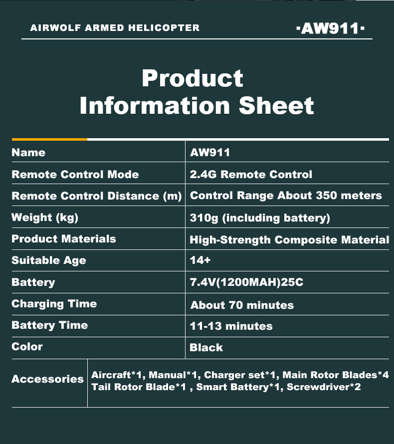 WOLFBUSH AW-911 Airwolf 1/34 Scale RC Helicopter Smart GPS 2.4G 9CH 6G/3D Stunt RC Airplane