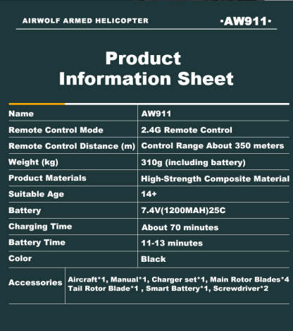 WOLFBUSH AW-911 Airwolf 1/34 Scale RC Helicopter Smart GPS 2.4G 9CH 6G/3D Stunt RC Airplane