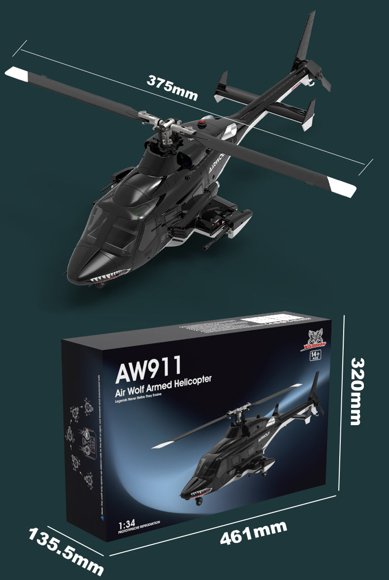 WOLFBUSH AW-911 Airwolf 1/34 Scale RC Helicopter Smart GPS 2.4G 9CH 6G/3D Stunt RC Airplane