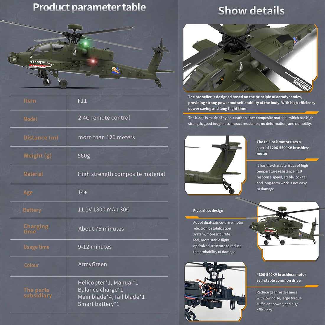 F11 AH-64 Apache RC Helicopter Model 1/32 Scale 2.4G 6CH