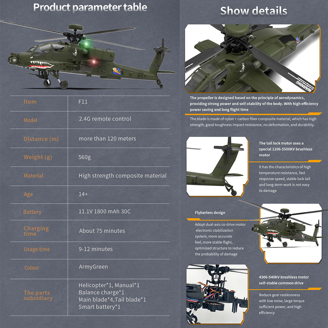 F11 AH-64 Apache RC Helicopter Model 1/32 Scale 2.4G 6CH