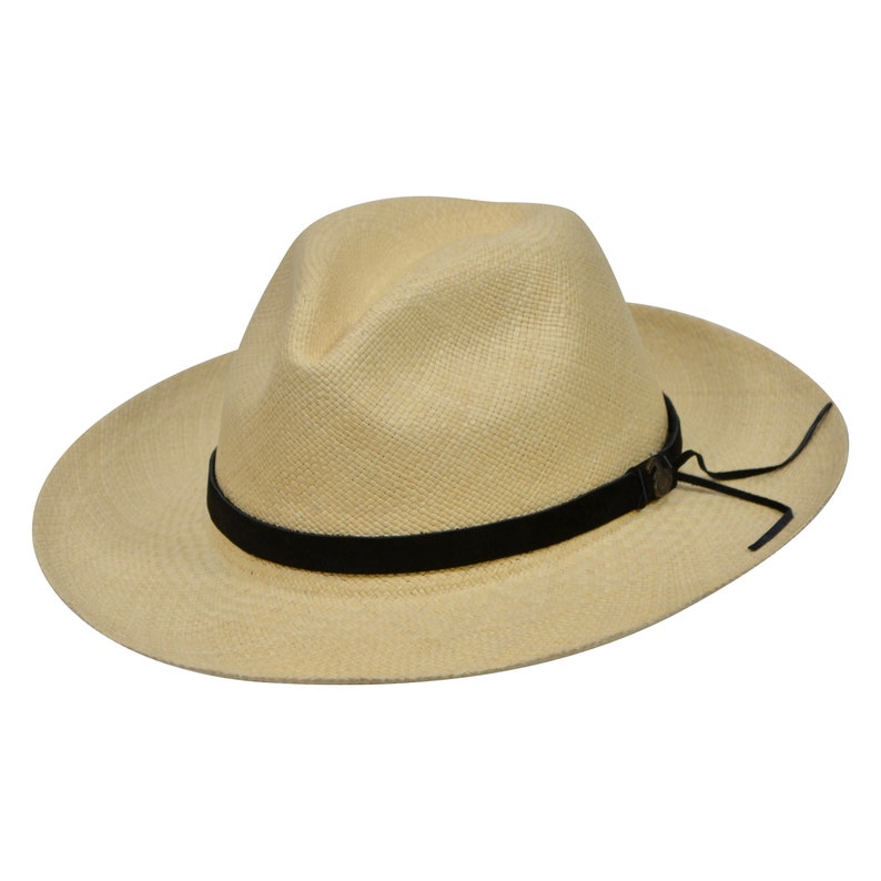 Original Panama Hat - Wide Brim Fedora - Off-White Straw - store Black Leather Band - Handmade in Ecuador by Ecua-Andino - EA - HatBox Included